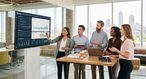 Software professionals collaborating around a monitor in a modern workspace