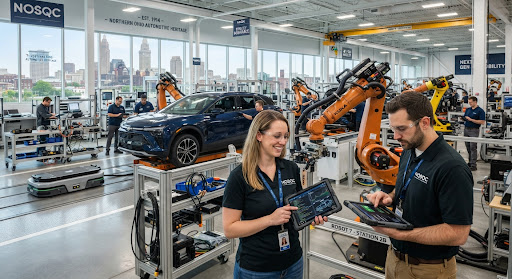 Automotive manufacturing with robotics and engineers reviewing software